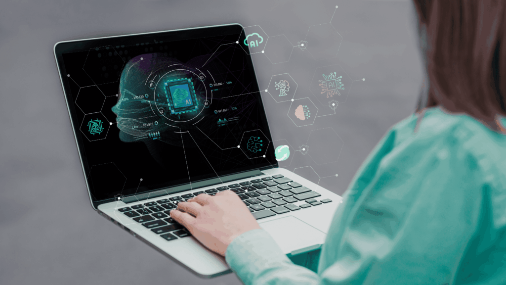 Mesterséges intelligencia vizualizáció laptop képernyőn egy munkaerő-közvetítői szituációban