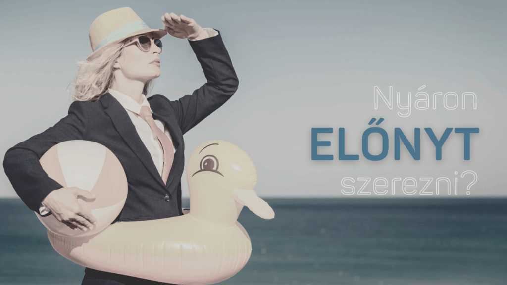 Üzleti öltözetű nő strandkellékekkel, a HR partner szerepének metaforája a nyári időszakban